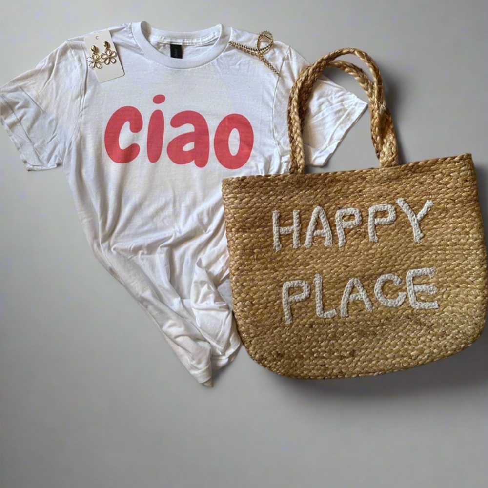 White T-Shirt with Red 'Ciao' Print
